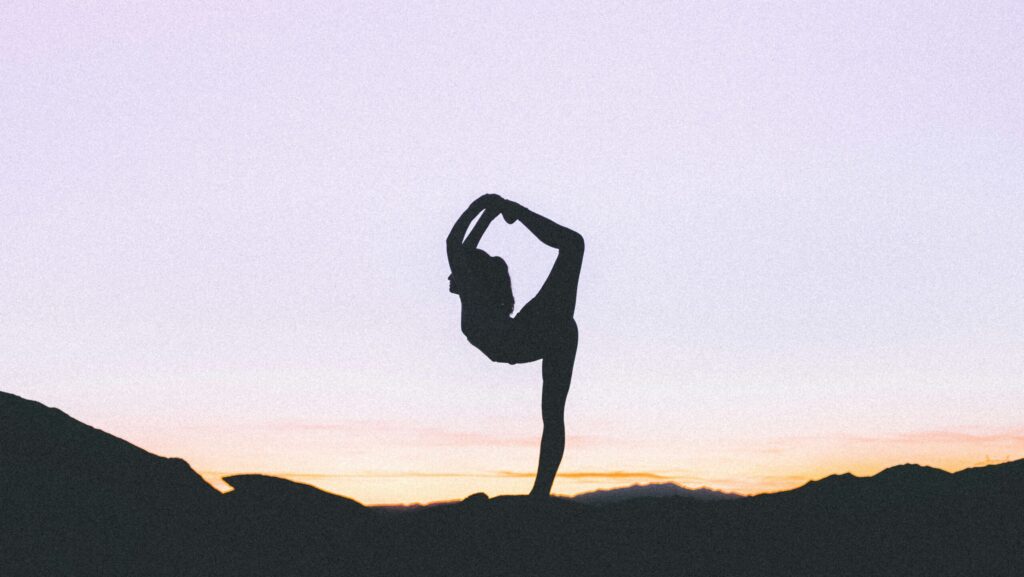 woman silhouetted against a purple and orange sunset stands on one leg with her other leg bent up behind her and over her head. This woman is clearly not Em.